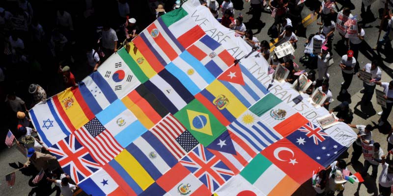 Thousands turn out for a May day march and rally in support of immigrant rights in Los Angeles.