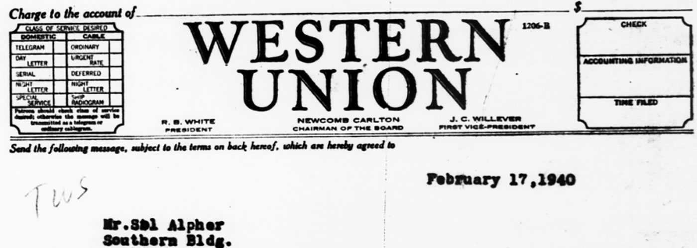 Baldwin, Roger N., Telegram, February 17, 1940, in Correspondence-Federal Legislation: Alien Legislation, Volume 2073.