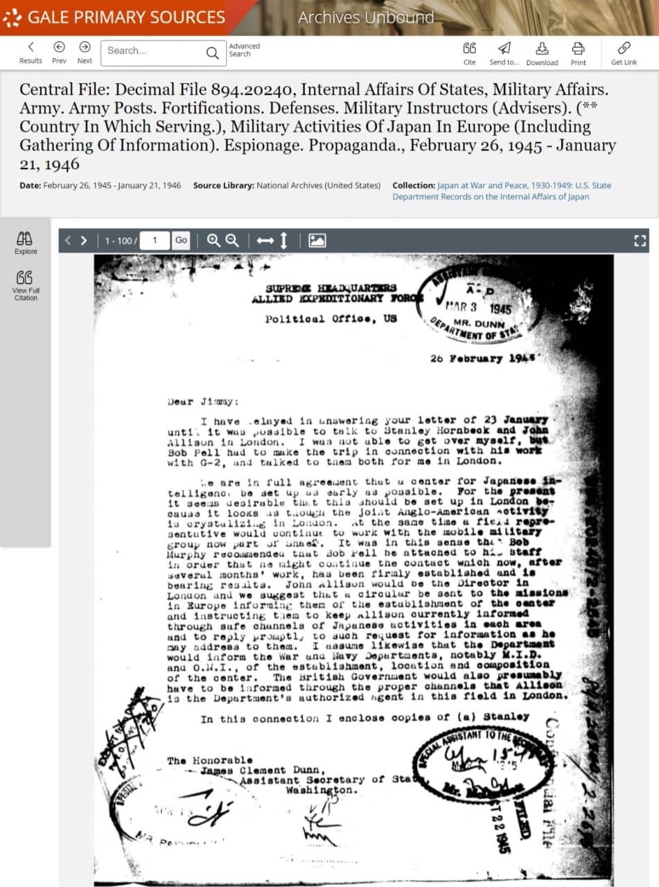 Central File: Decimal File 894.20240, Internal Affairs Of States, Military Affairs. Army. Army Posts. Fortifications. Defenses. Military Instructors (Advisers). (** Country In Which Serving.), Military Activities Of Japan In Europe (Including Gathering Of Information). Espionage. Propaganda., February 26, 1945 - January 21, 1946