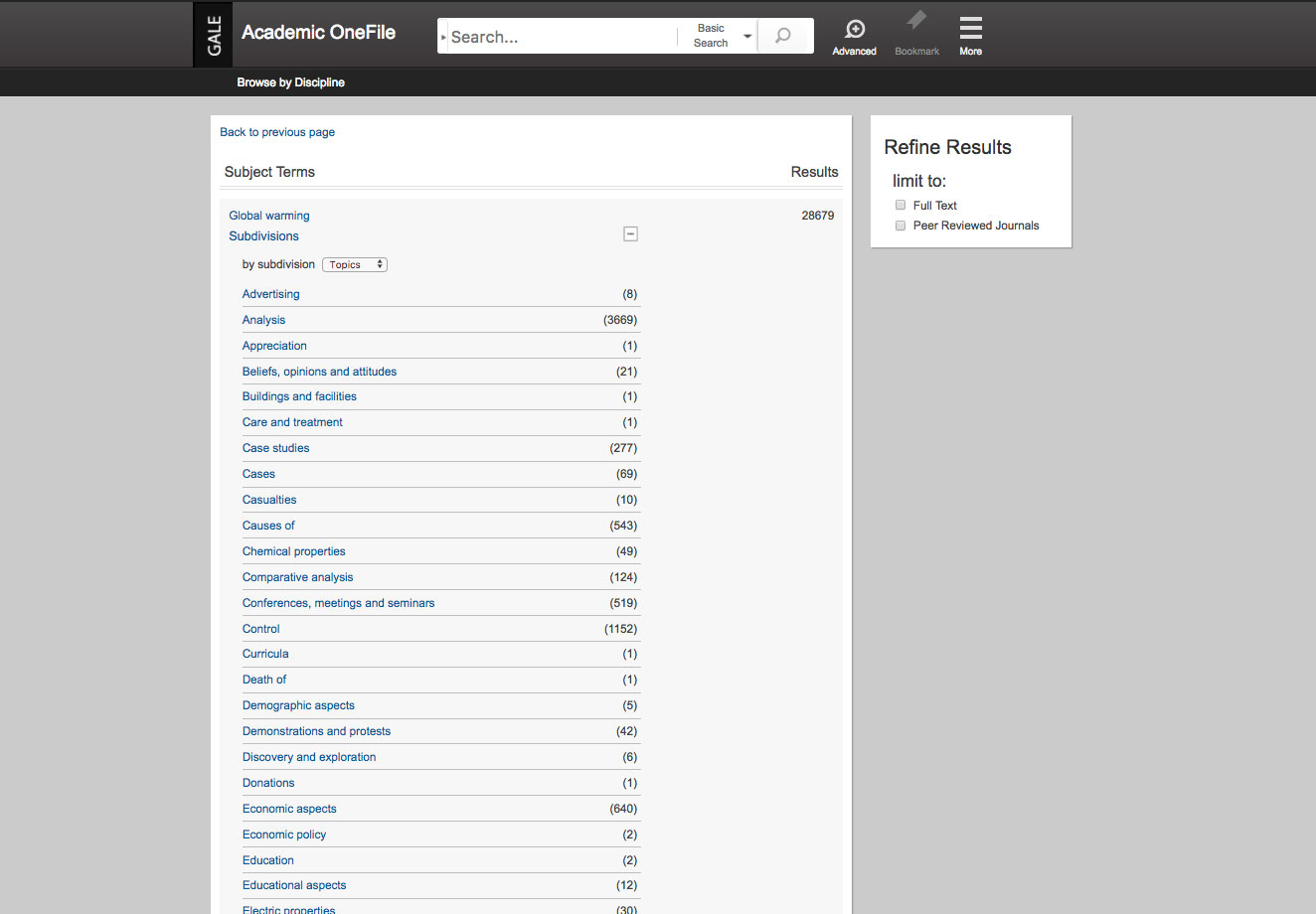 Gale Academic OneFile Search Screen