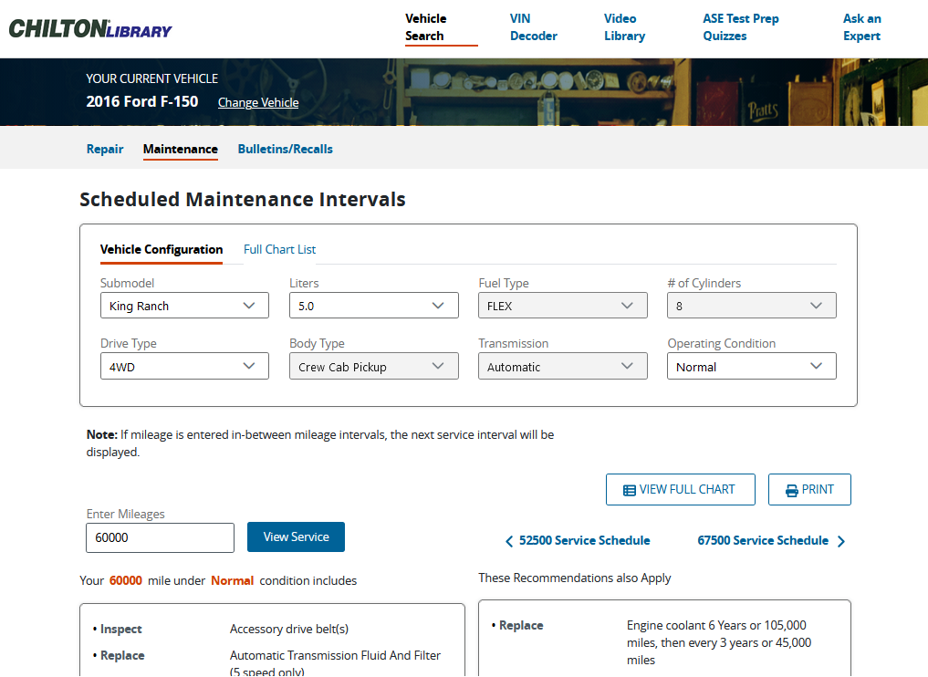 Chilton Library scheduled maintenance webpage where you can see what services should be performed and when on your vehicle.