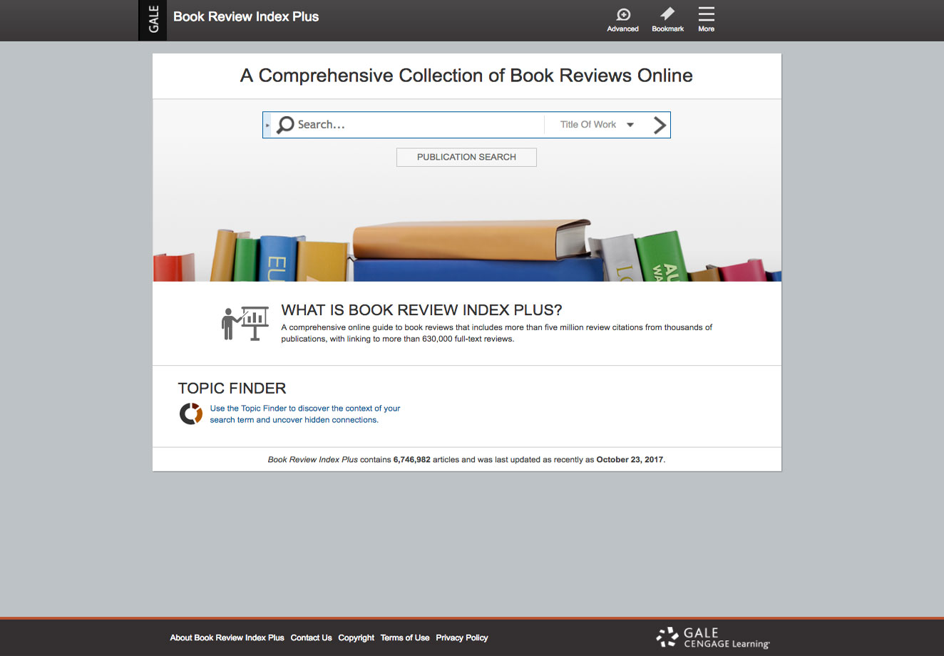 Gale Literature: Book Review Index home page screenshot.