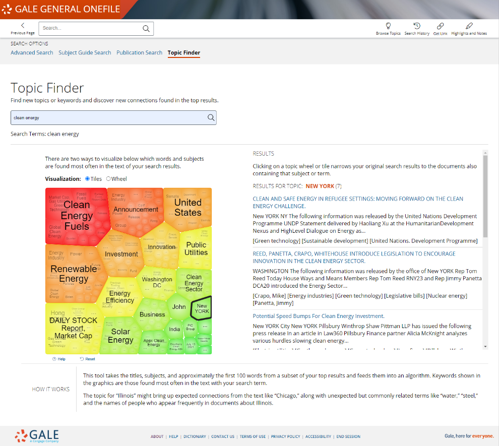 Topic Finder: Expand and refine search with this visual search tool that allows users to discover new topics and keywords.
