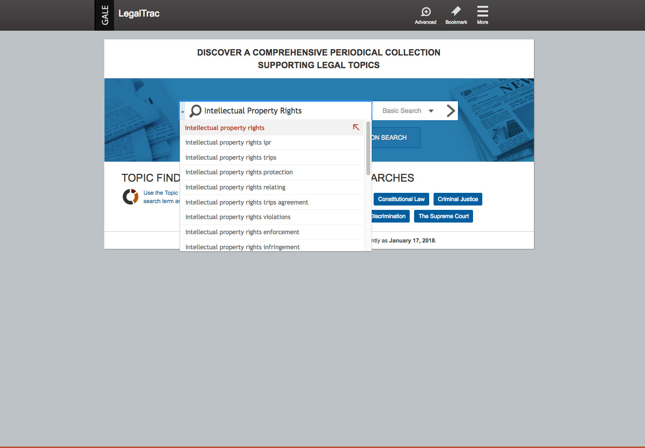 Gale OneFile: LegalTrac Home page