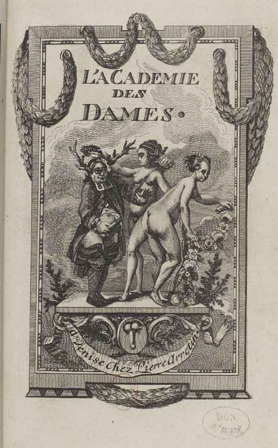 Title page design - sexual activity
From: Nicolas Chorier, L'Academie des dames (1770)