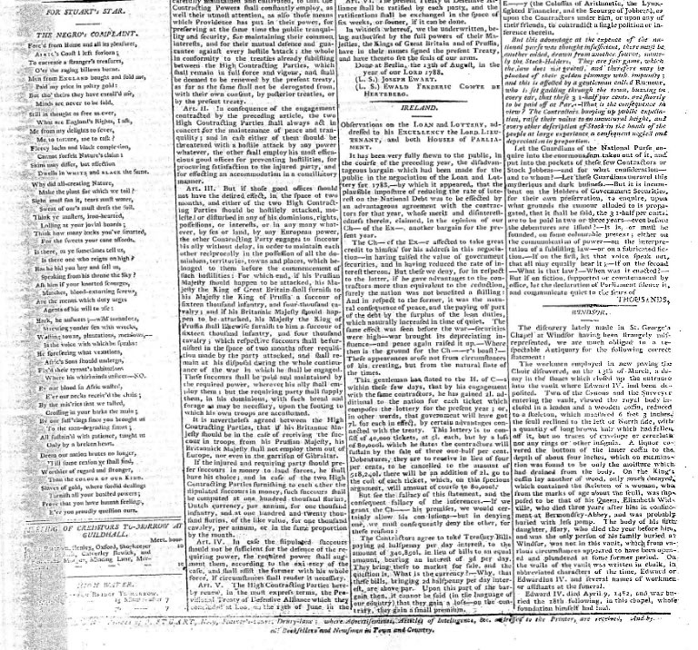 William Cowper's famous abolitionist poem 'The Negro's Complaint' was first published in Stuart's Star and Evening Advertiser on 2 April 1789.